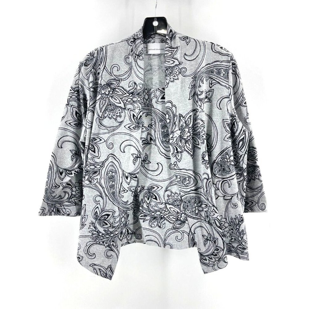 Alfred Dunner Women's 3/4 Sleeve Gray Floral Knit Top Shirt Cardigan Size M